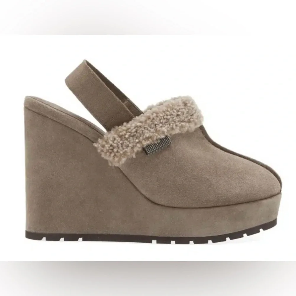 Brunello Cucinelli Suede Shearling Wedge Slingback Clogs Grey size EU 39 / US 9